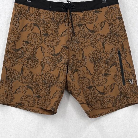VUORI The Rise Board Shorts Mens 32 Brown Black Floral Swim Trunks Pocket - Picture 5 of 14